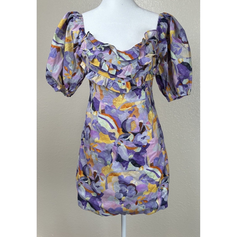 Sage +‎ Paige Abstract Mini Dress Ruffle Tiered Bodice Puffed Sleeve Baby Doll S